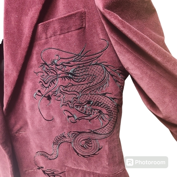 Dragonfly Vintage Burgundy 6 Pocket Velvet by Chinese Dragon Blazer Sz. L - Picture 7 of 9